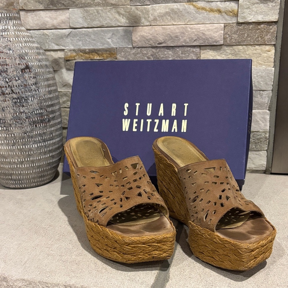 Stuart Weitzman Template Mule Slides in Cashew Suede